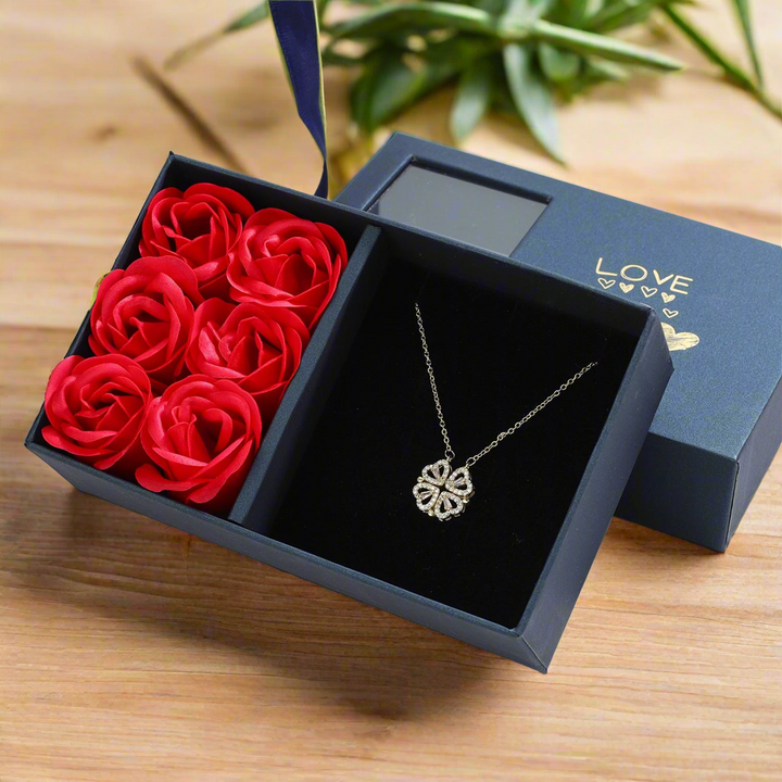 Clover Heart Necklace with 6 Roses Gift Box Set for Her