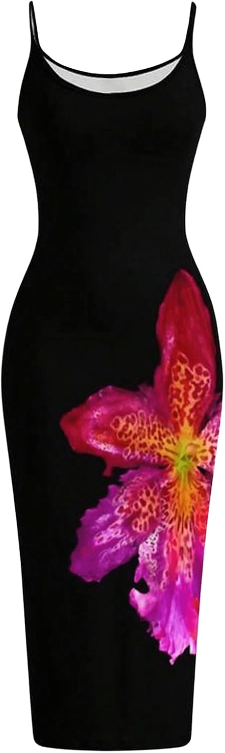 Women’s Flower Print Spaghetti Strap Midi Dress – Boho Bodycon Cami