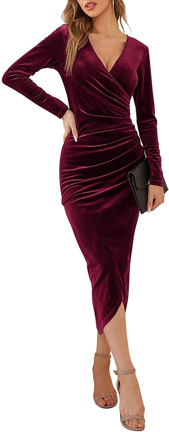 Velvet Wrap V-Neck Maxi Dress – Long Sleeve Ruched Party Dress