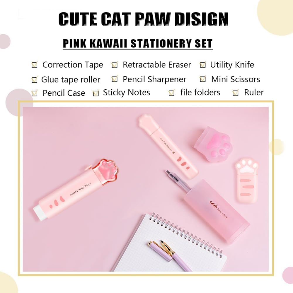 Kawaii Pink Cat Claw Stationery Set – Cute School Supplies Box