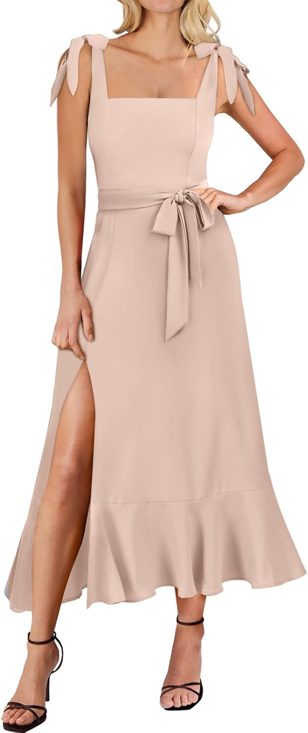 Women’s Square Neck Midi Dress – Elegant Ruffle Split Formal Dress