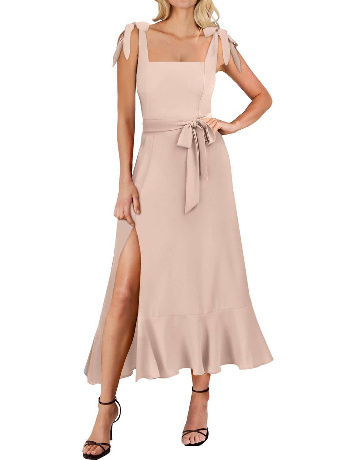 Women’s Square Neck Midi Dress – Elegant Ruffle Split Formal Dress