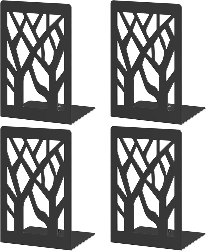 Black Metal Tree Bookends – 4 Pcs Decorative Non-Slip Organizer