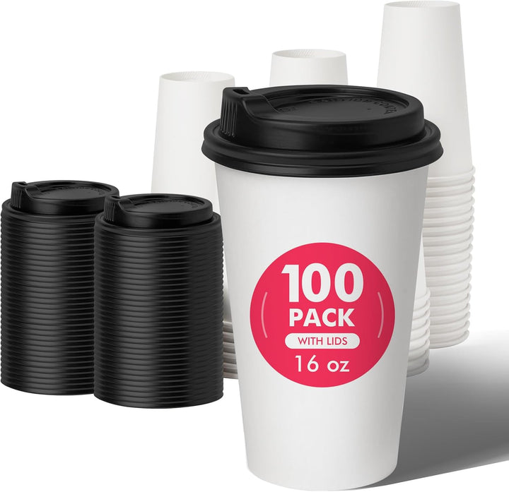 Disposable Paper Coffee Cups with Lids – 100 Pack Leak-Proof Hot Cups