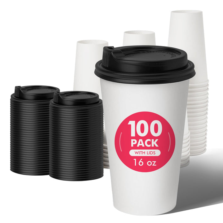 Disposable Paper Coffee Cups with Lids – 100 Pack Leak-Proof Hot Cups