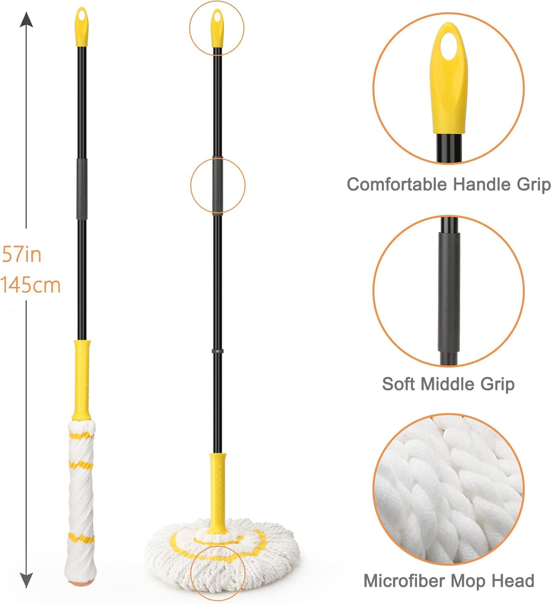 Self-Wringing Twist Mop for Floor Cleaning, Long Handled Microfiber