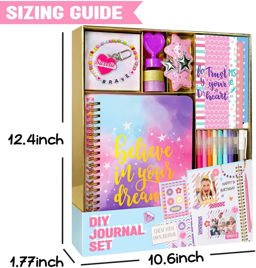 DIY journal set with various items including a notebook, stickers, and pens, with dimensions labeled.