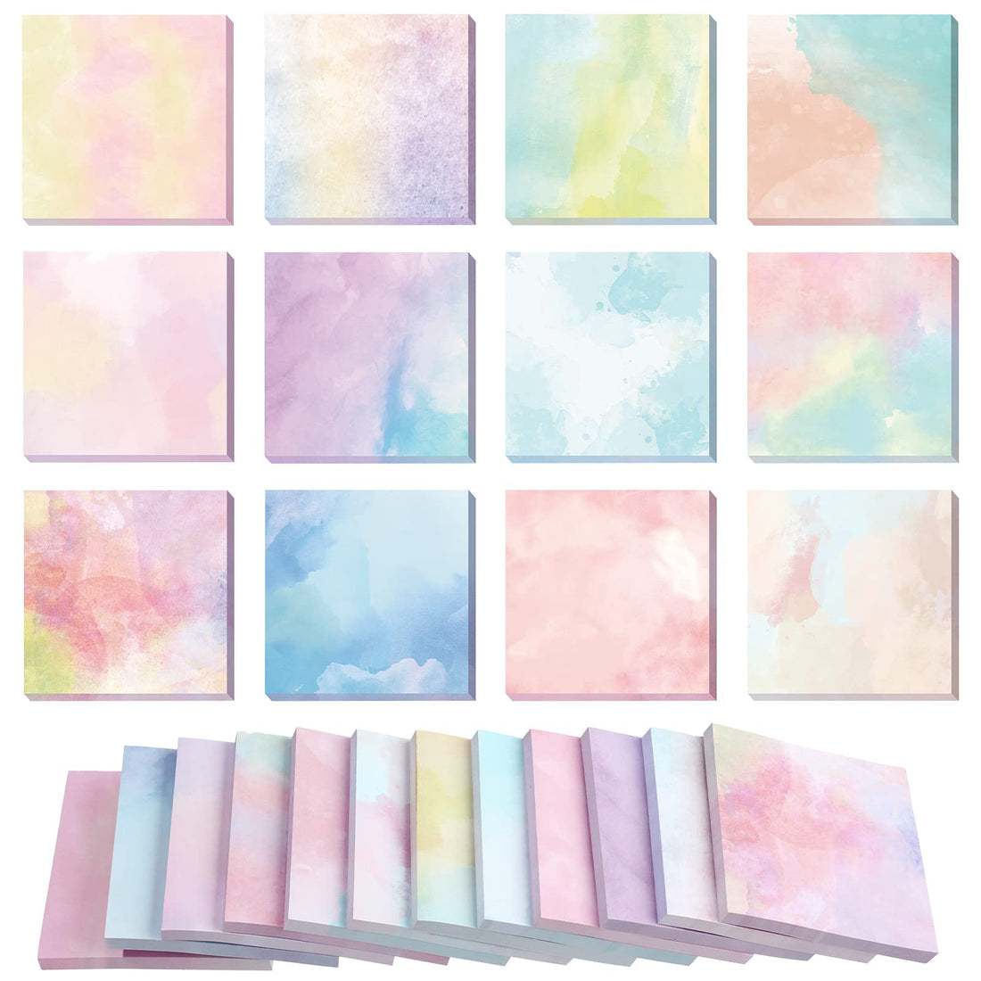 12 Watercolor Sticky Note Pads (720 Sheets) – Pastel Memo Set for School, Office