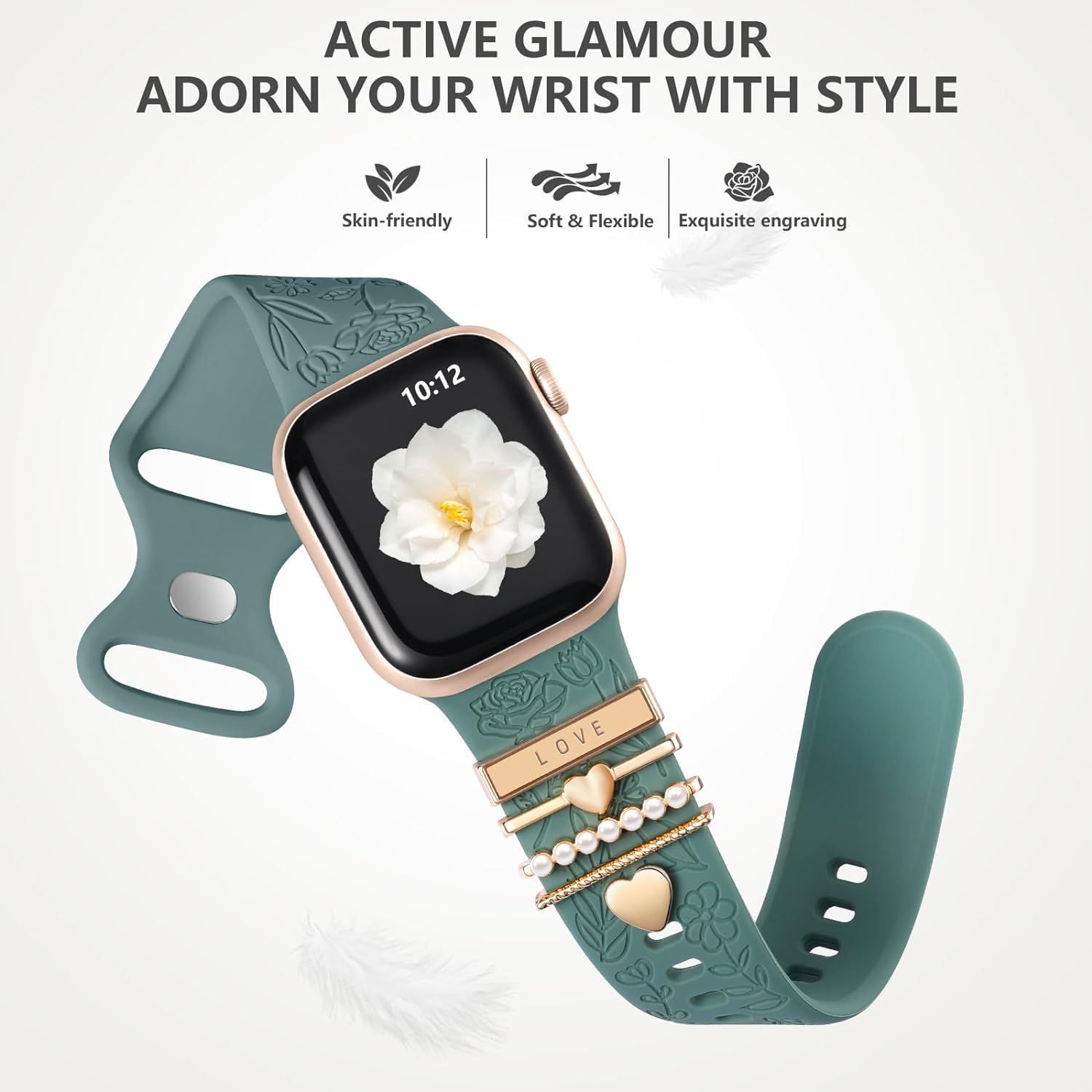 Flower Engraved Silicone Band with Decorative Charms – Compatible
