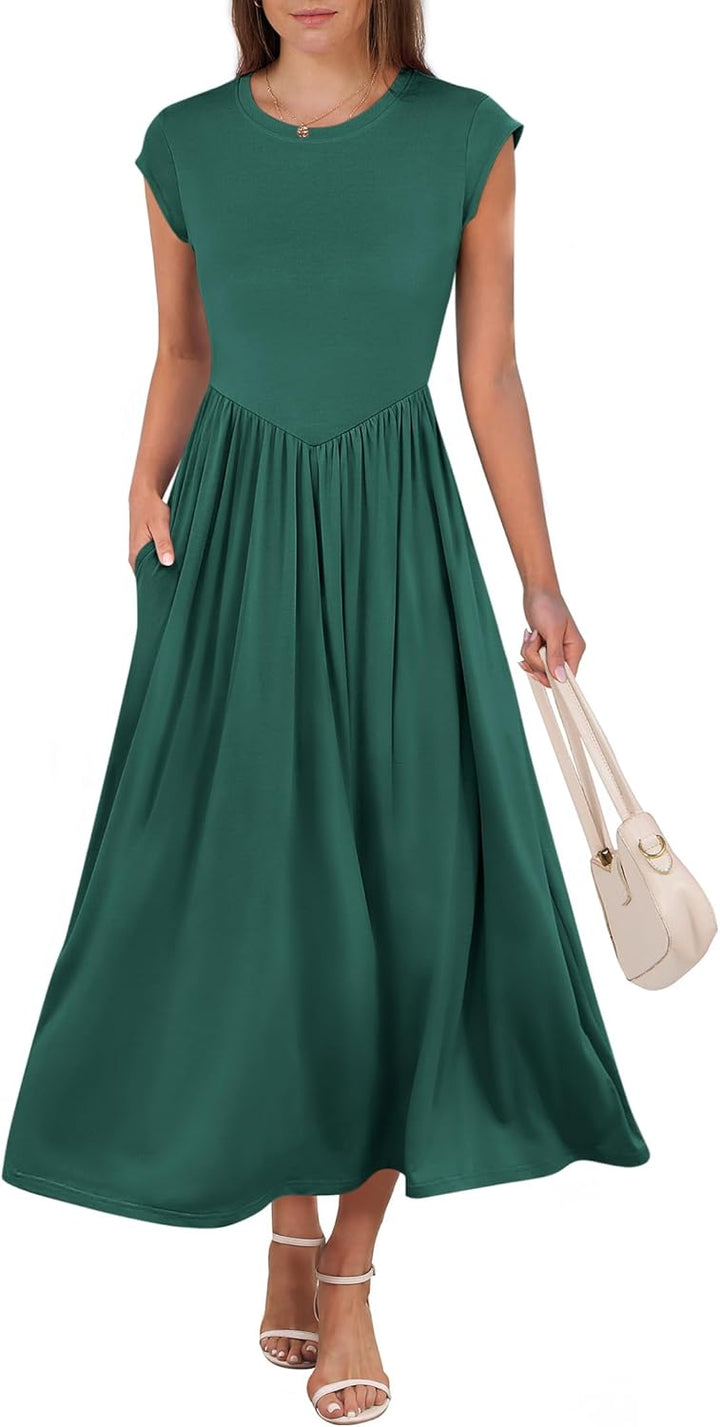 Women’s Cap Sleeve Maxi Dress – Summer Dressy Casual Elegant Fit & Flare High Waist A-Line Long