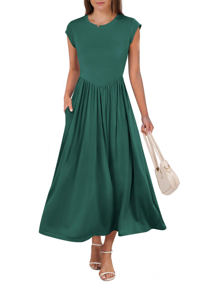 Women’s Cap Sleeve Maxi Dress – Summer Dressy Casual Elegant Fit & Flare High Waist A-Line Long