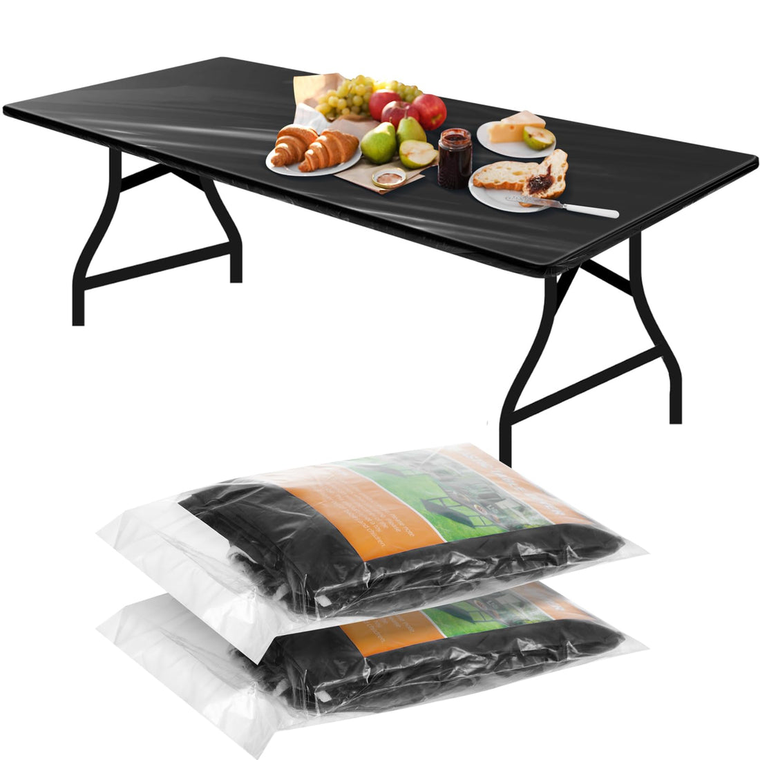2 Pcs Plastic Elastic Fitted Tablecloths 72x30” – Waterproof Black