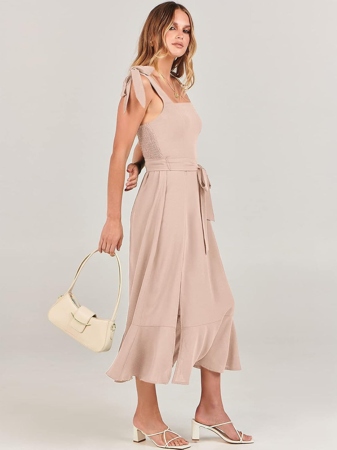 Women’s Square Neck Midi Dress – Elegant Ruffle Split Formal Dress