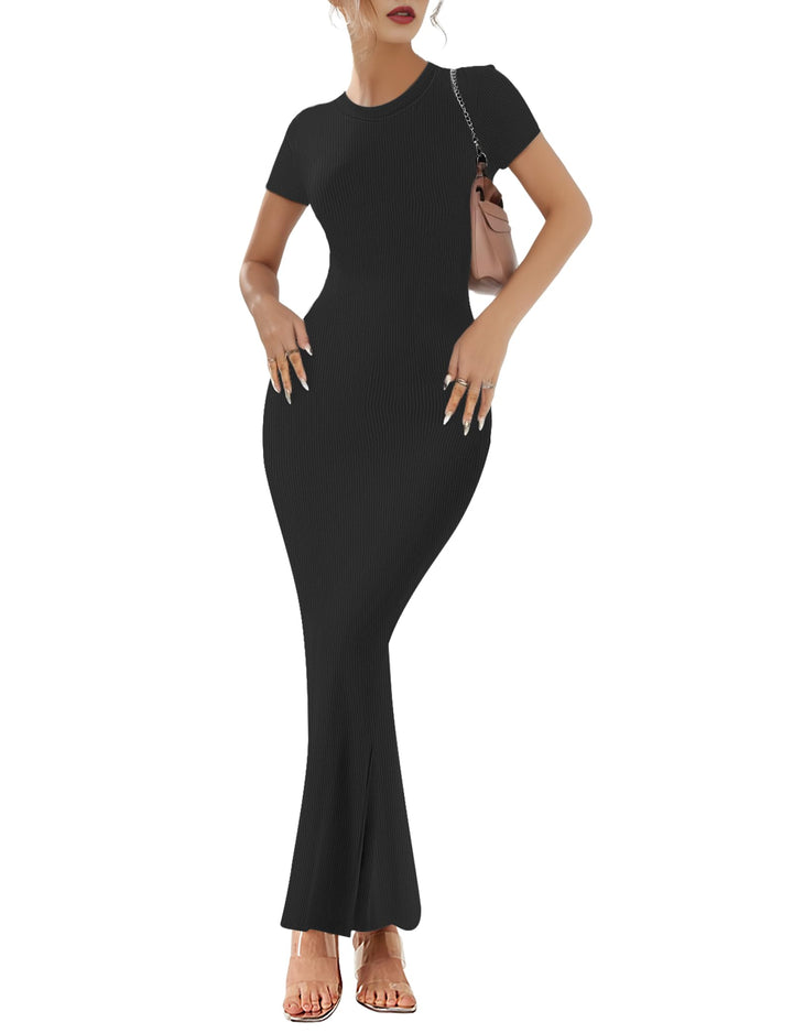 Women’s Ribbed Bodycon Maxi Dress – Black Long Fishtail Dress