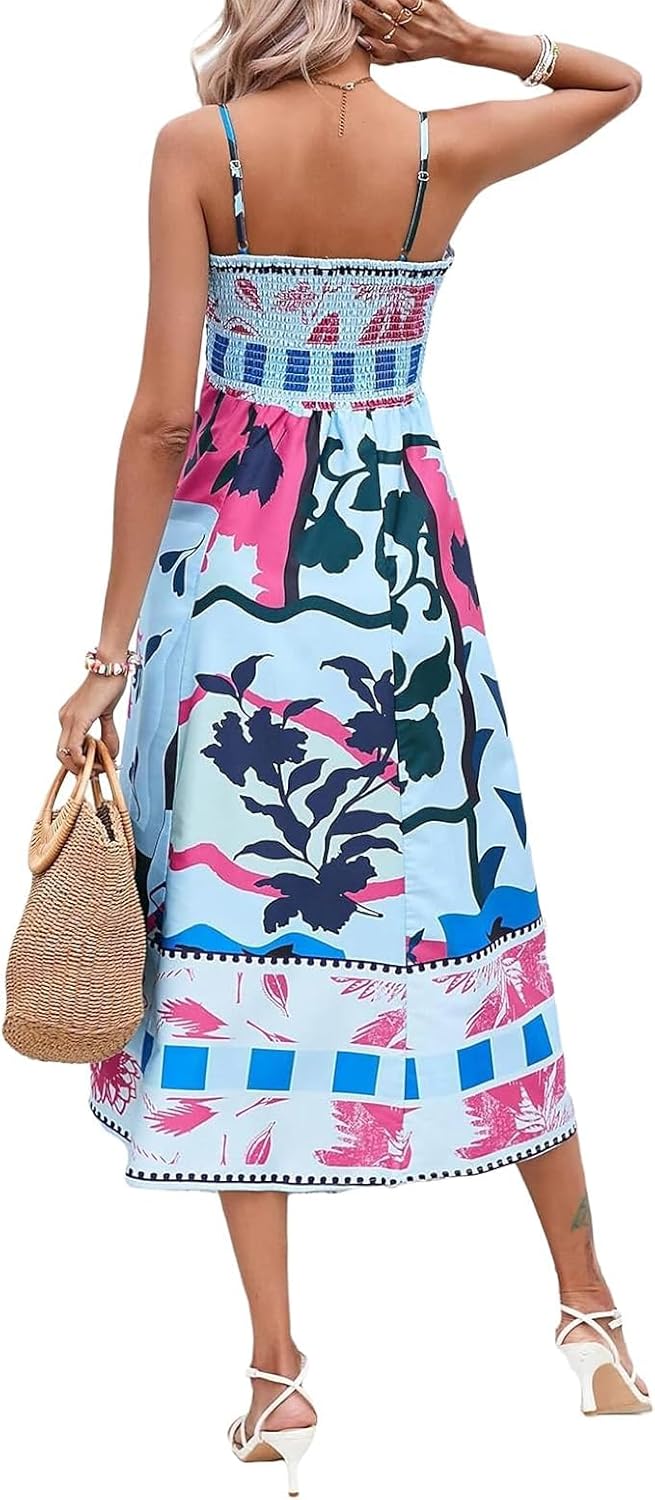 Women’s Graffiti Print Maxi Cami Dress – Boho Square Neck Sleeveless Sundress