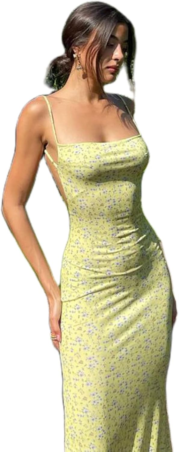 Women’s Floral Print Spaghetti Strap Maxi Dress – Y2K Backless Summer Dress