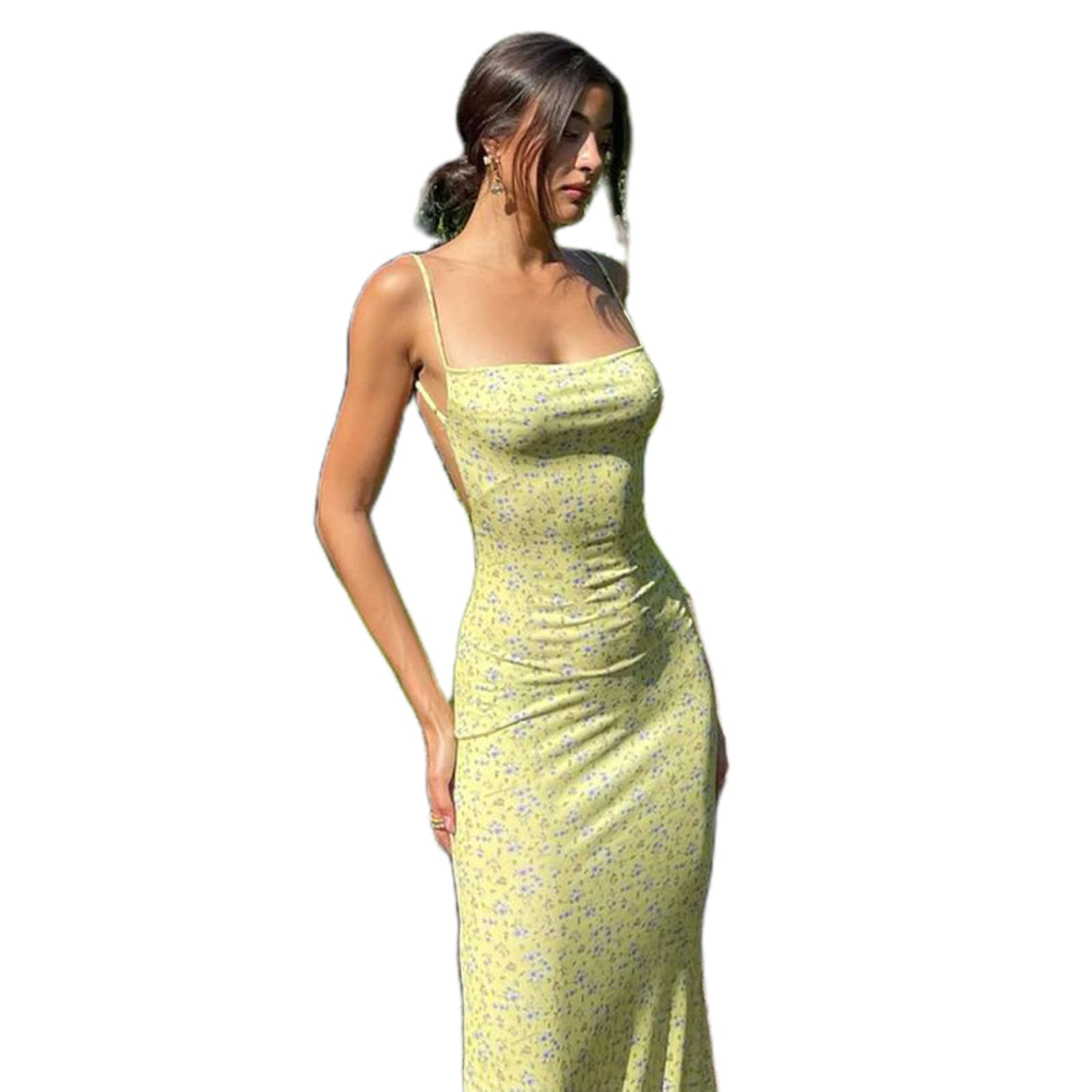 Women’s Floral Print Spaghetti Strap Maxi Dress – Y2K Backless Summer Dress