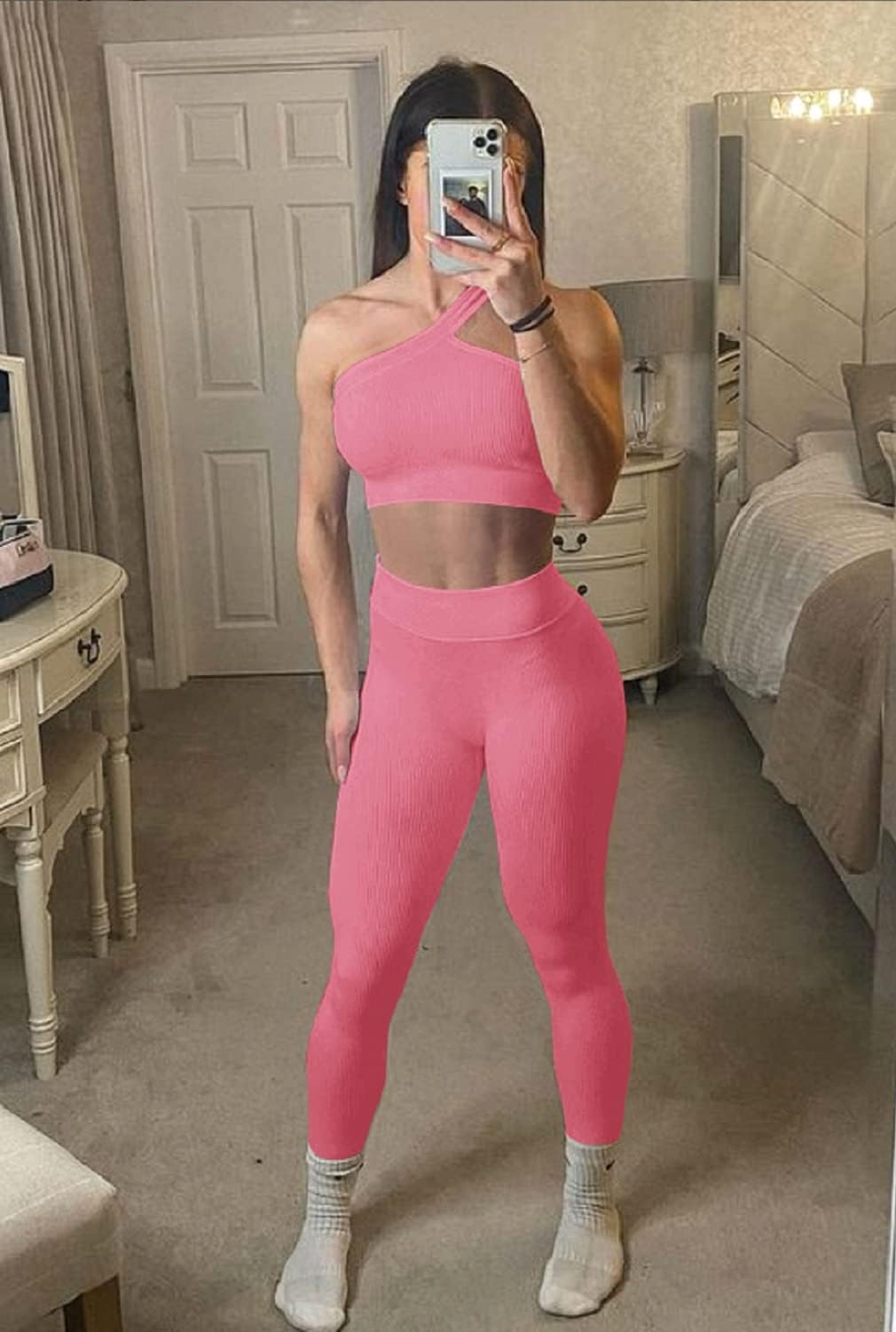 Seamless Workout Set – One Shoulder Sports Bra & High Waist Shorts