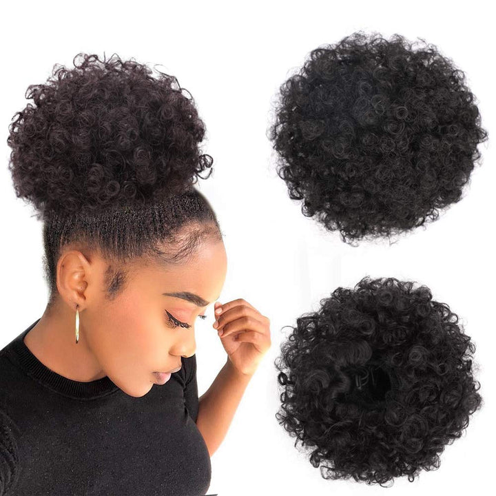 Yinmei Baibian Afro Puff Drawstring Ponytail – Kinky Curly Bun Hair Synthetic Short Extensions, Updo Hairpieces for Black Women & Girls (1B)