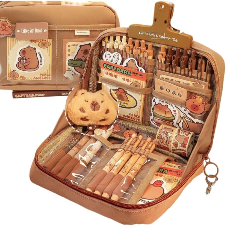 Plush Capybara Pencil Case – 12-Compartment Kawaii Organizer Pouch