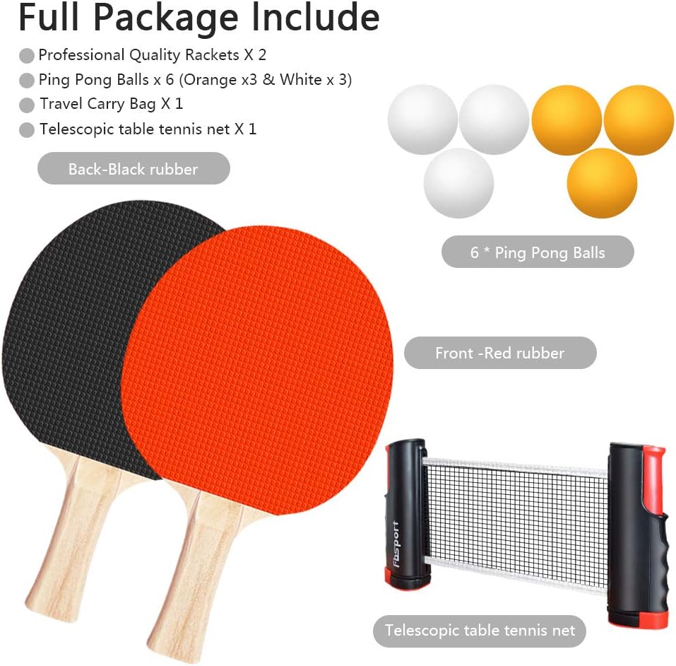 Portable Ping Pong Paddle Set with Retractable Net, Rackets, Balls & Carry Bag