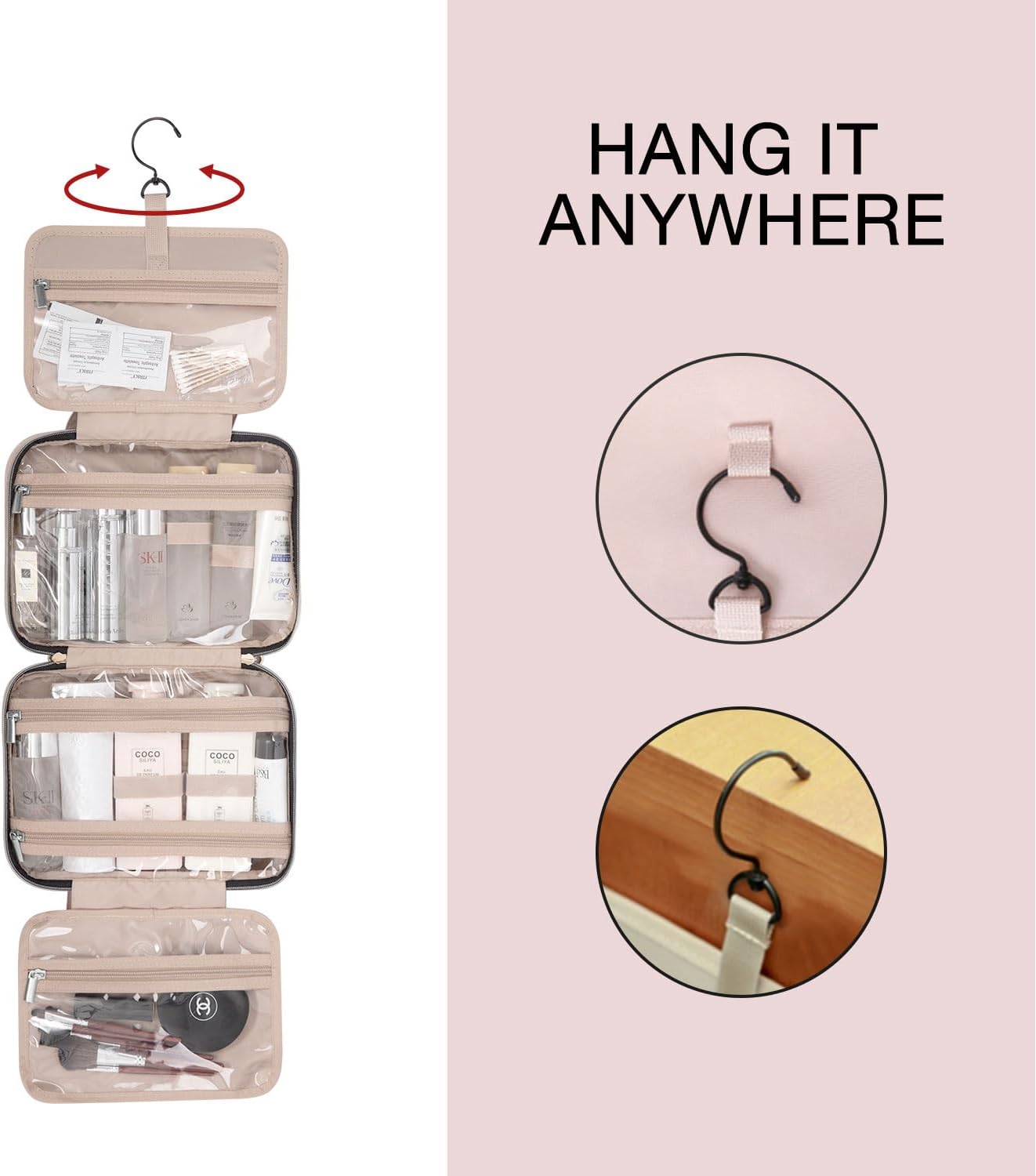 Toiletry Bag Travel Bag with Hanging Hook, Water-resistant Makeup Cosmetic Bag