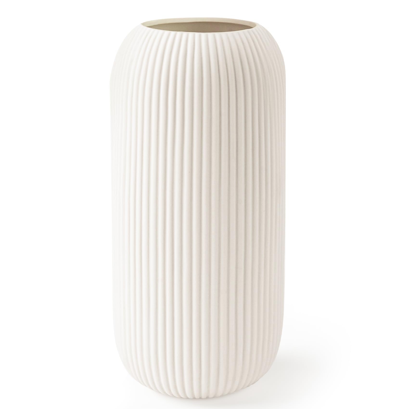 8-Inch White Ceramic Flower Vase – Modern Ribbed Textured Decorative