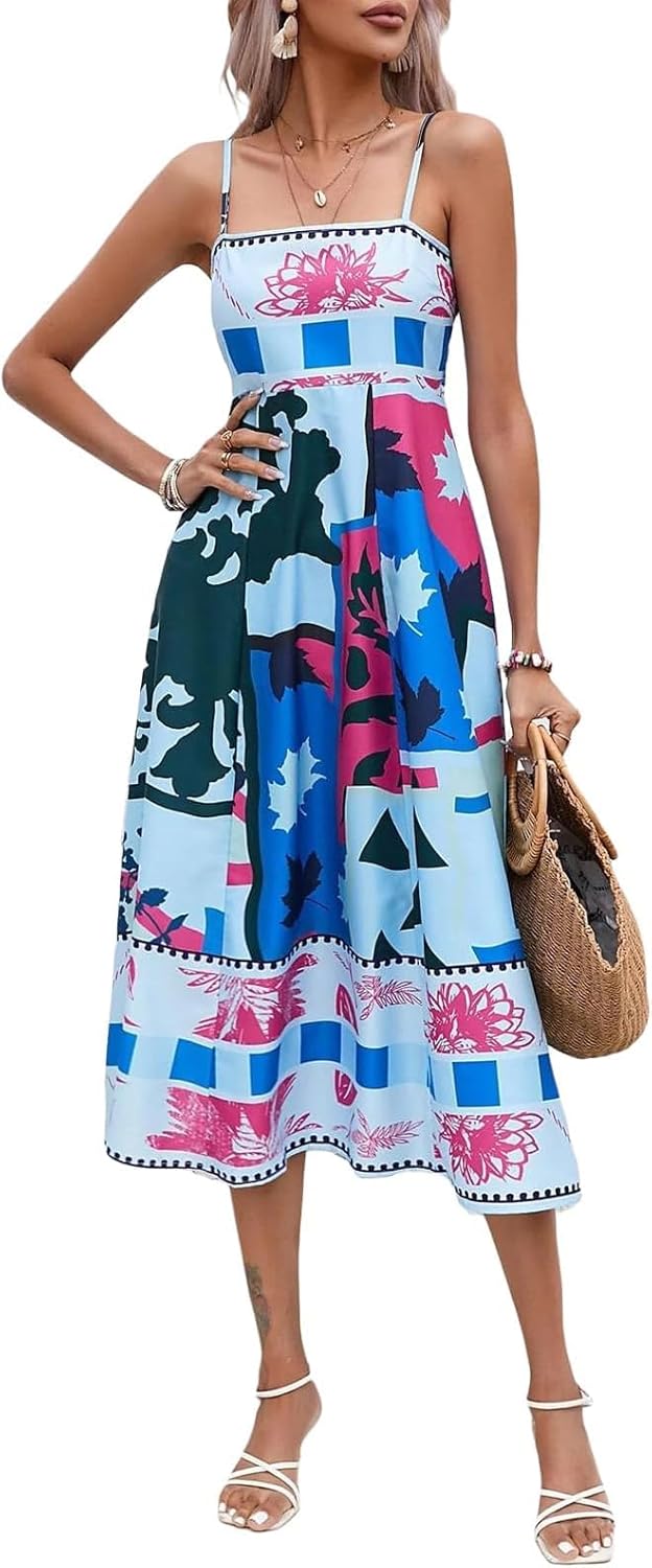 Women’s Graffiti Print Maxi Cami Dress – Boho Square Neck Sleeveless Sundress