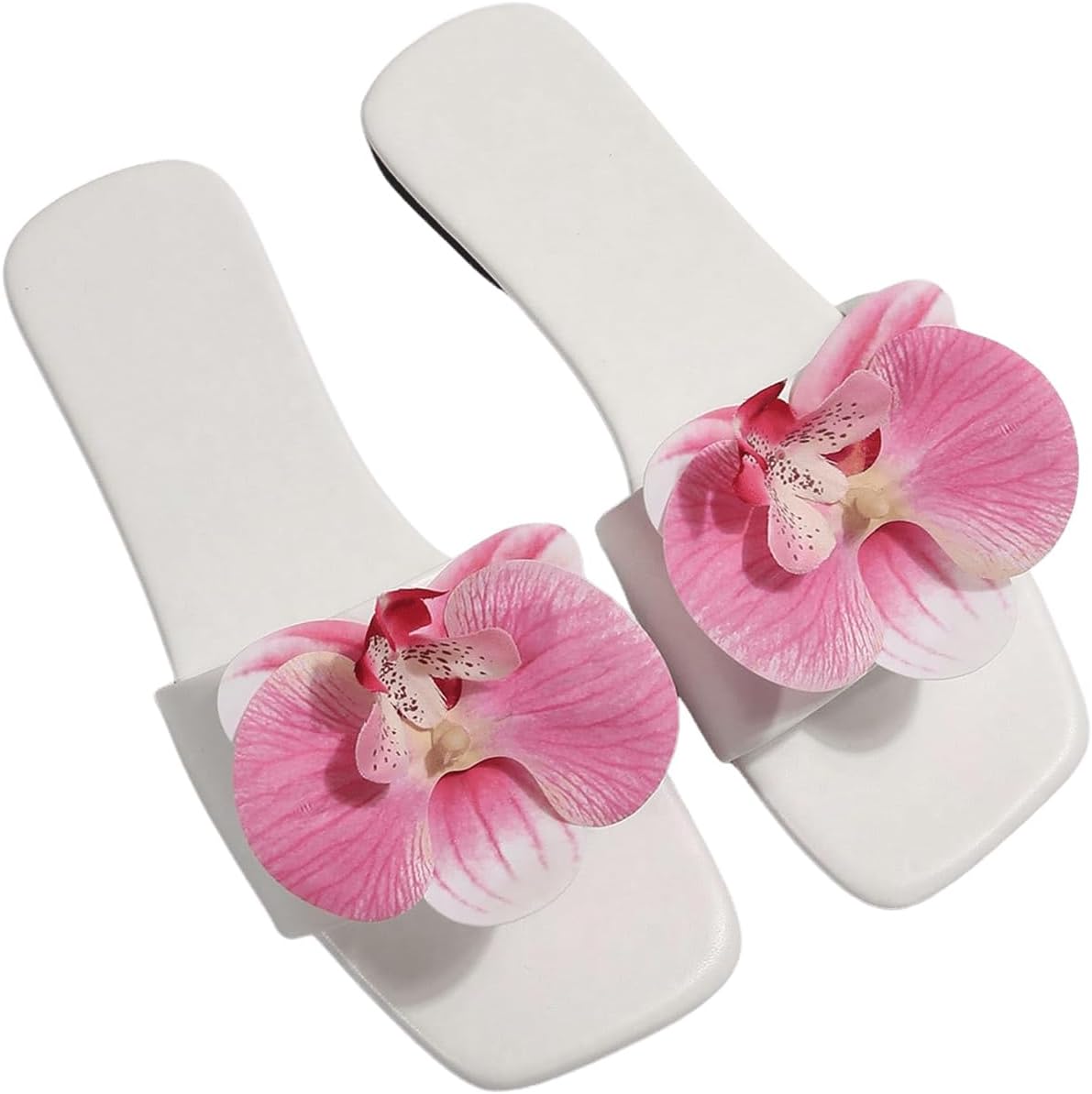 Women’s 3D Flower Accent Flats – Square Open Toe Single Band Slide Sandals