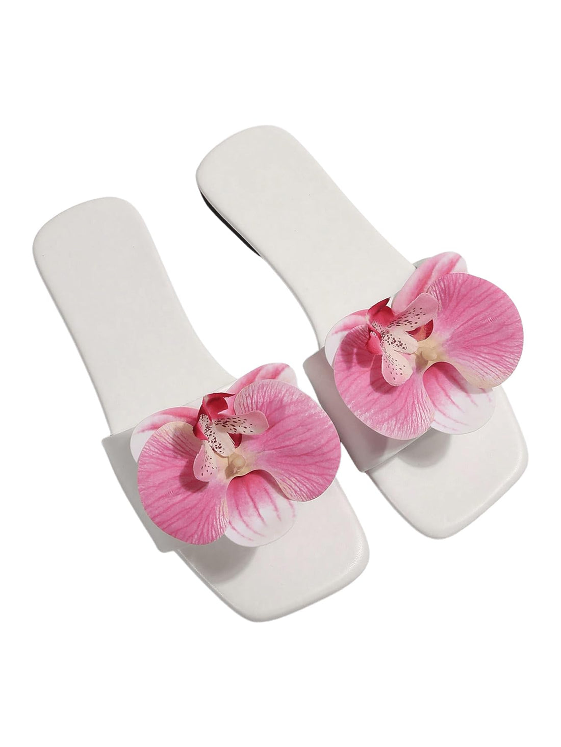 Women’s 3D Flower Accent Flats – Square Open Toe Single Band Slide Sandals