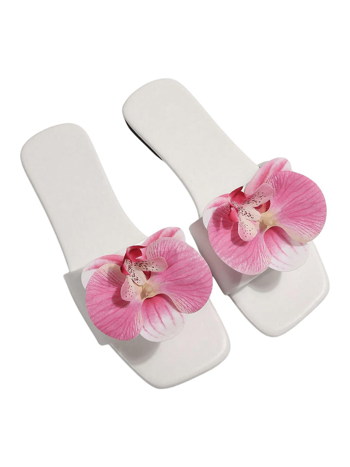 Women’s 3D Flower Accent Flats – Square Open Toe Single Band Slide Sandals