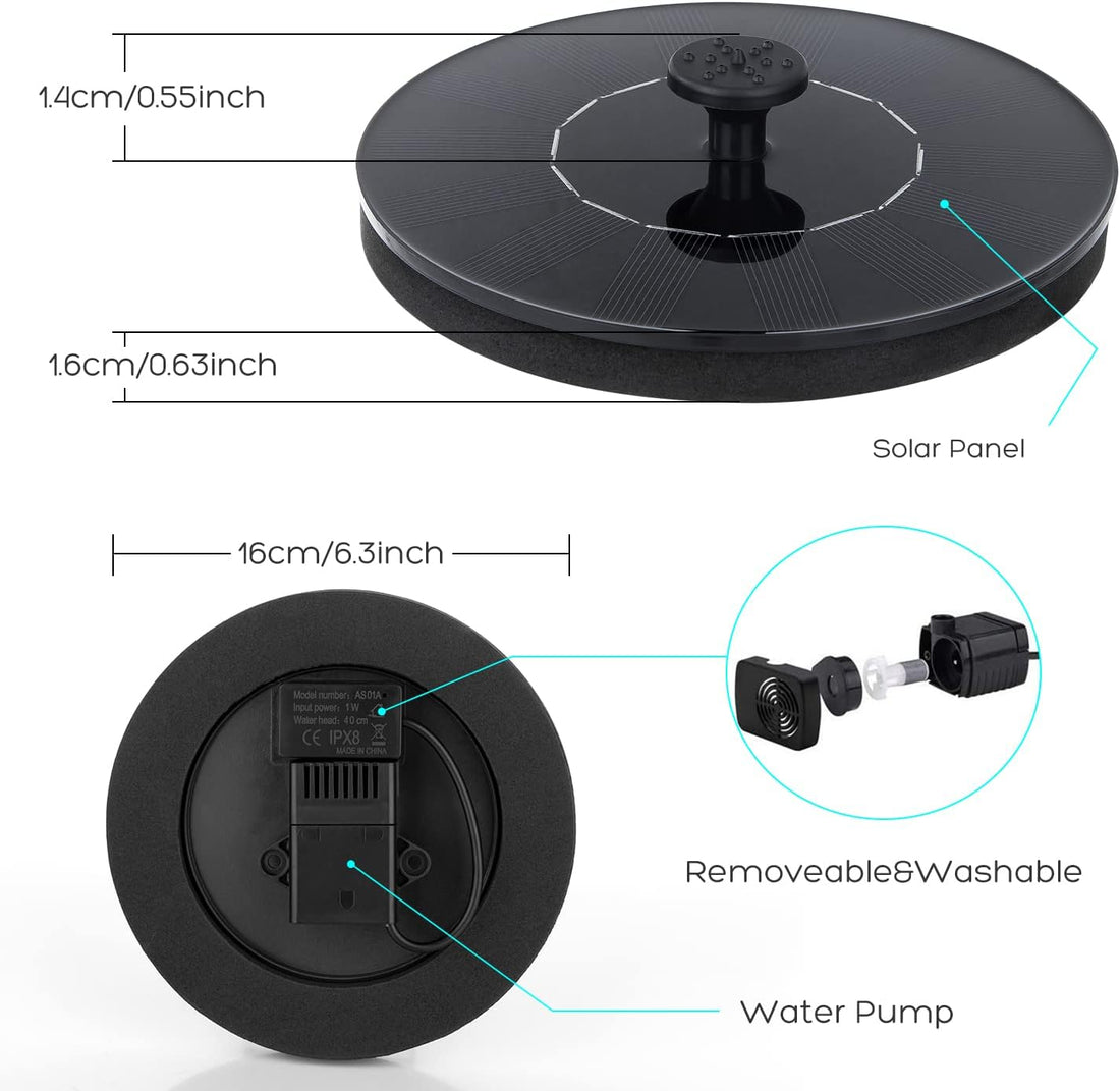 Solar Bird Bath Fountain Pump – 1W Solar Powered Floating Pump with 6 Nozzles