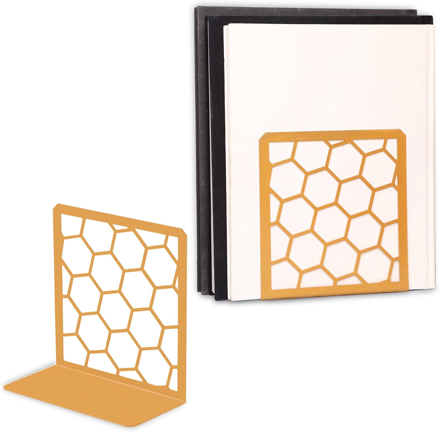Gold Honeycomb Metal Bookends – Modern Heavy-Duty Shelf Stoppers