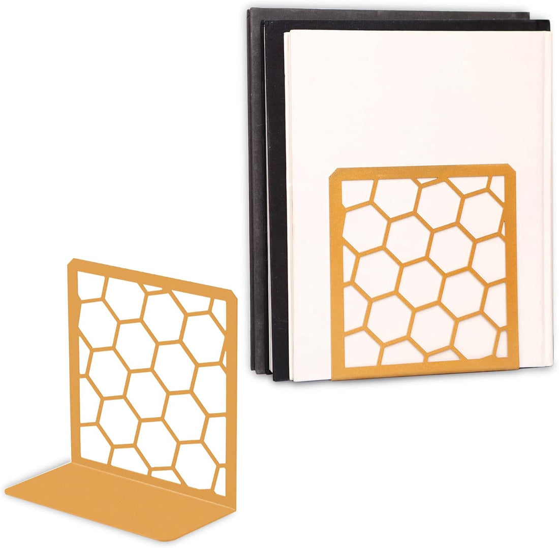 Gold Honeycomb Metal Bookends – Modern Heavy-Duty Shelf Stoppers