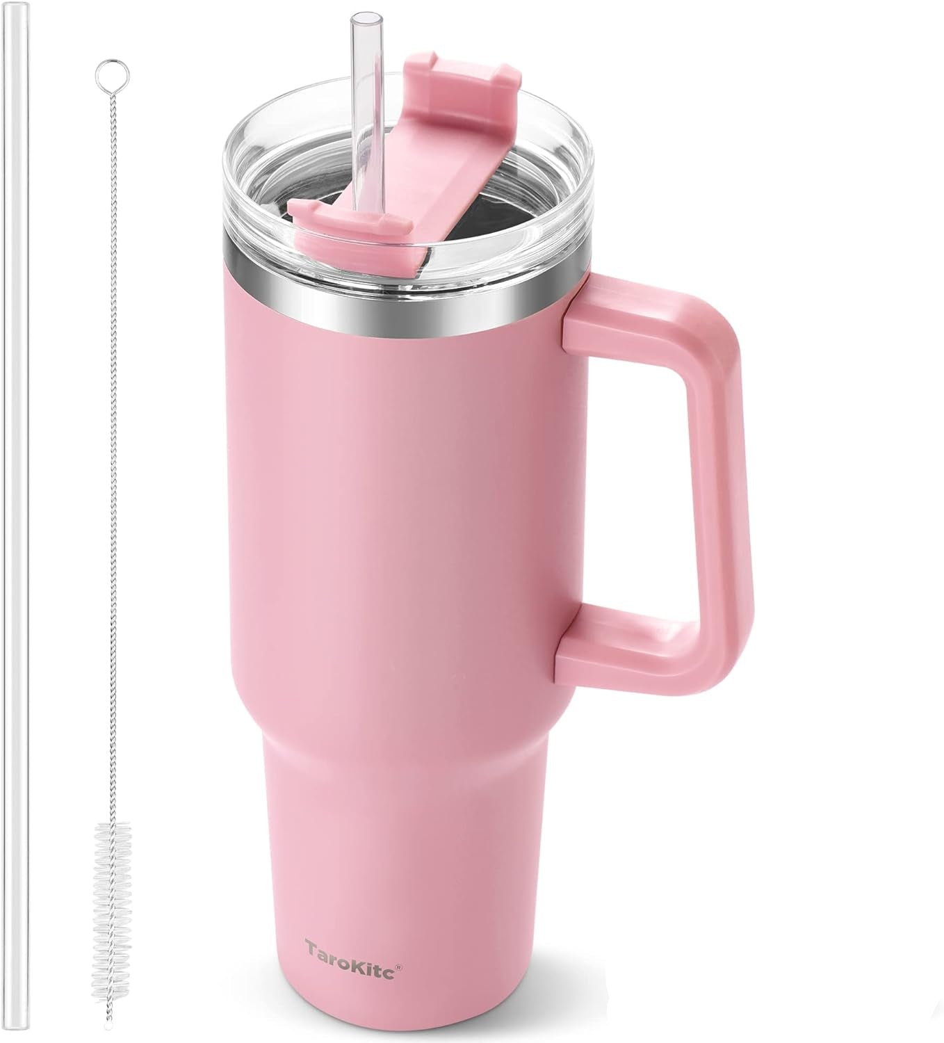 Tumbler with Handle and Straw Pink Insulated Travel Mug Iced Coffee Cup