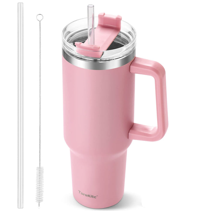 Tumbler with Handle and Straw Pink Insulated Travel Mug Iced Coffee Cup