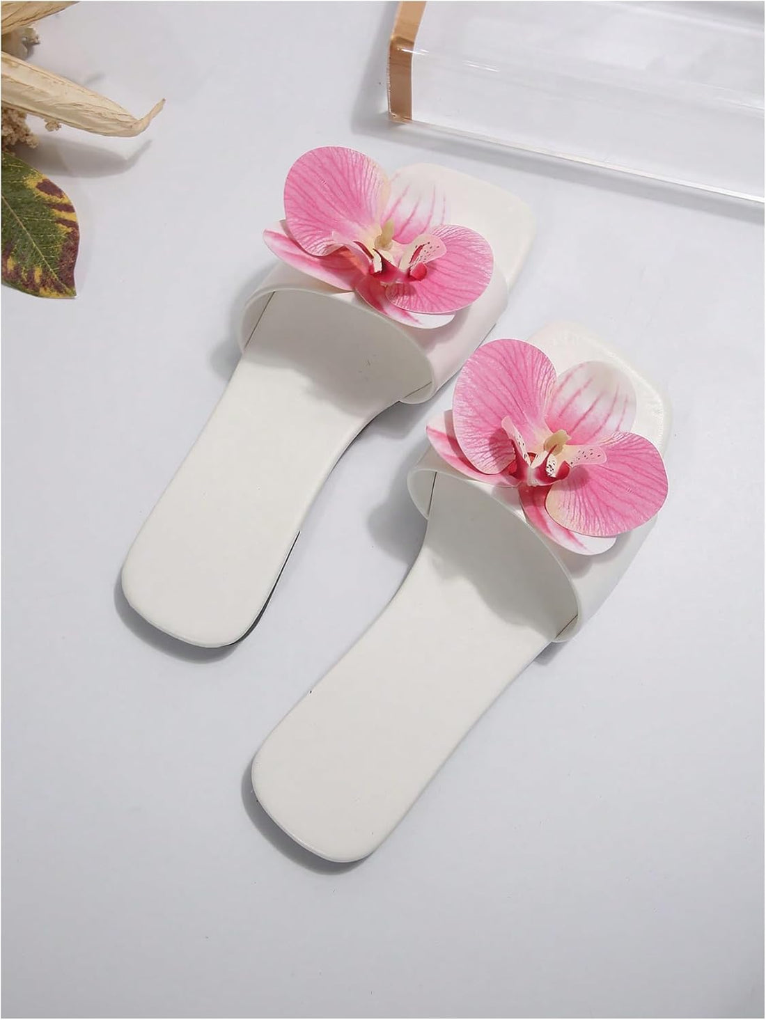 Women’s 3D Flower Accent Flats – Square Open Toe Single Band Slide Sandals