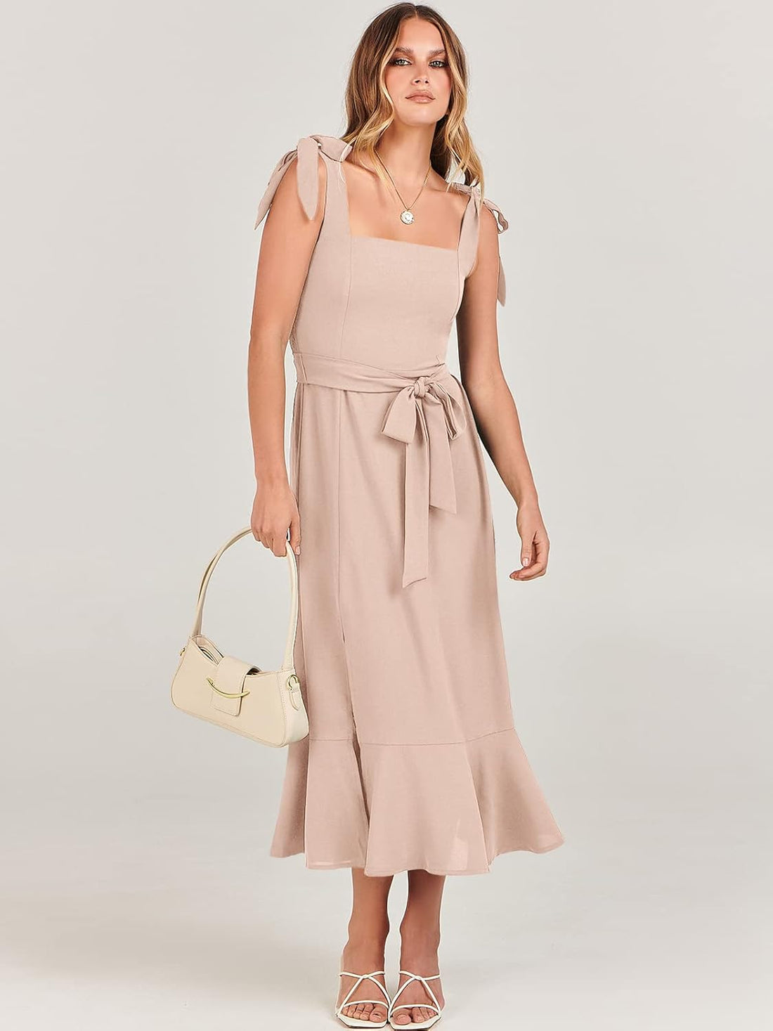 Women’s Square Neck Midi Dress – Elegant Ruffle Split Formal Dress