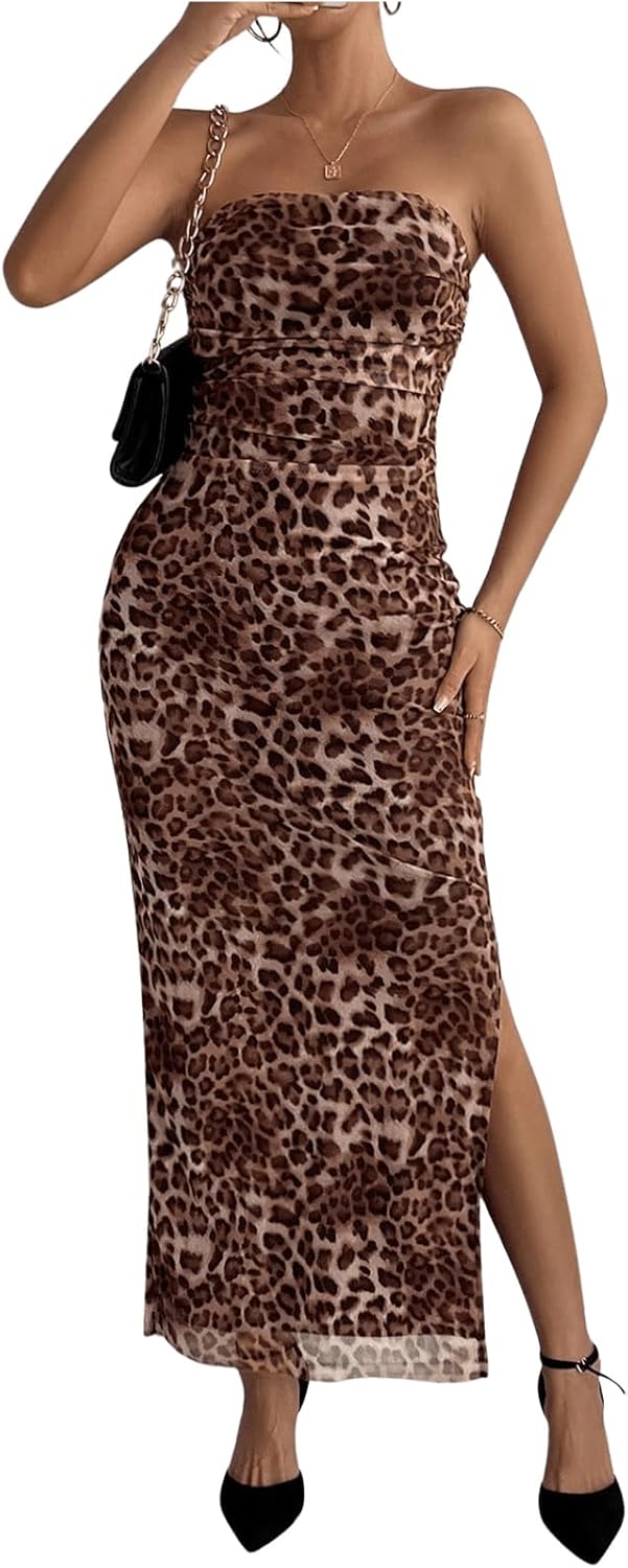 Women's Strapless Mesh Bodycon Dress – Graphic Print, Split Thigh