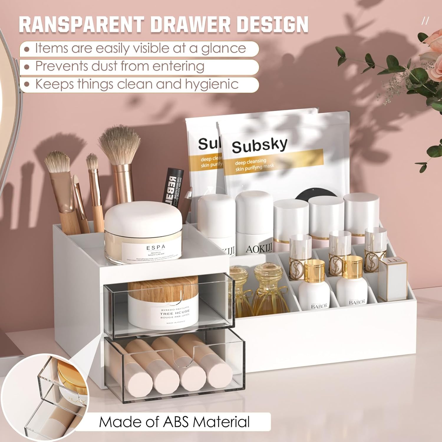 Makeup Organizer with Drawers, Easy Storage for Beauty Products Brushes,