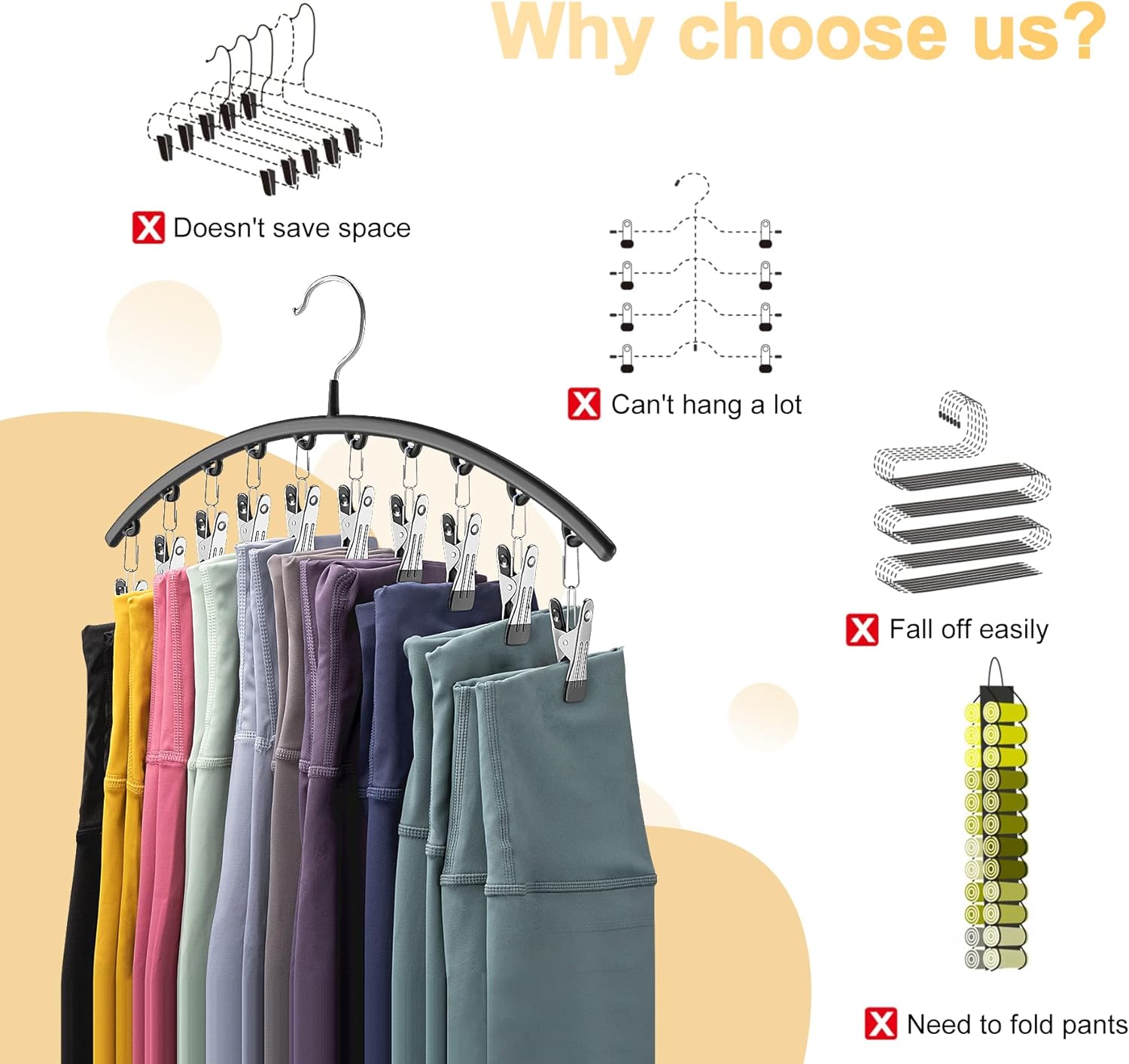 Legging Organizer for Closet – 2-Pack Metal Hangers with 10 Rubber-Coated