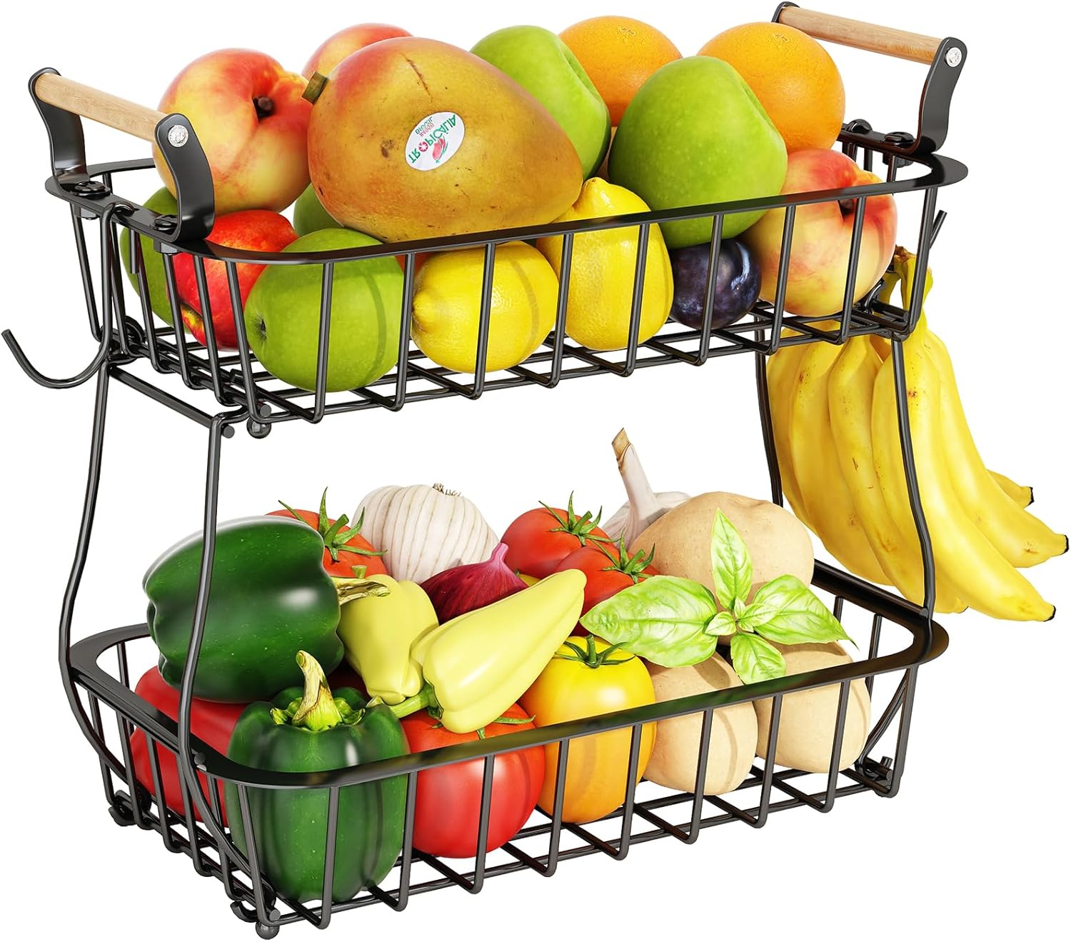 2 Tier Fruit Basket with 2 Banana Hangers, Countertop Fruit Vegetable Basket