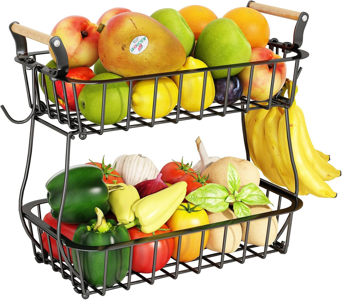 2 Tier Fruit Basket with 2 Banana Hangers, Countertop Fruit Vegetable Basket