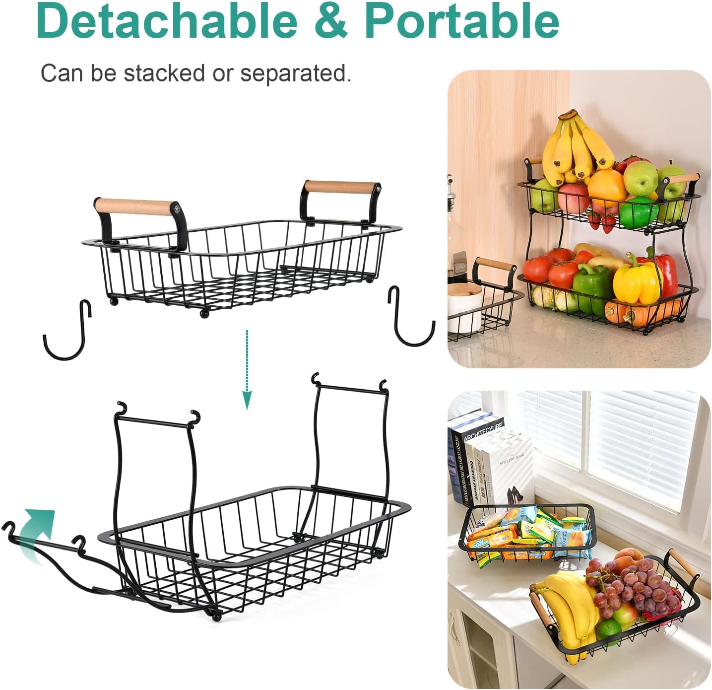 2 Tier Fruit Basket with 2 Banana Hangers, Countertop Fruit Vegetable Basket