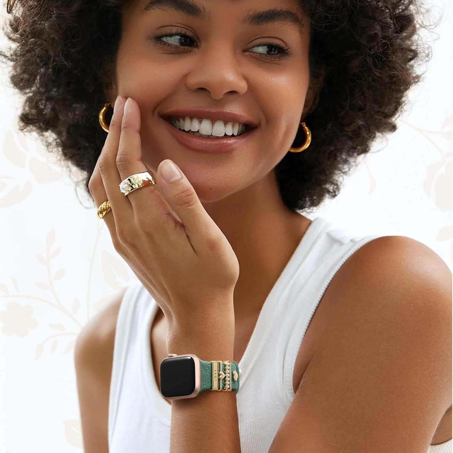 Flower Engraved Silicone Band with Decorative Charms – Compatible