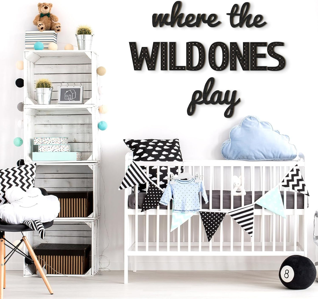"Where the Wild Ones Play" Wooden Wall Sign – 23" Black Nursery & Playroom Decor