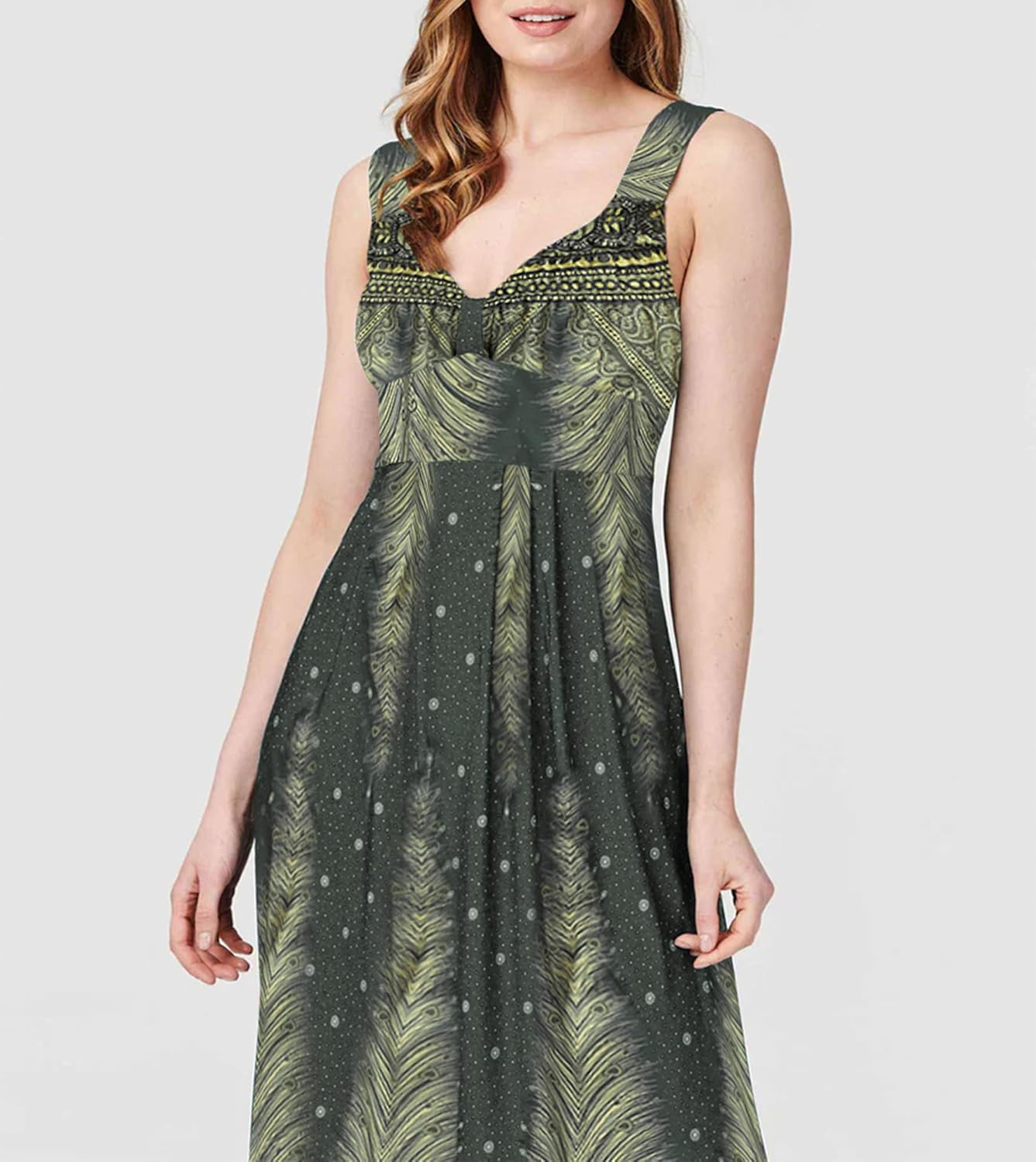 Women’s Boho Spaghetti Strap V Neck Feather Print Maxi Dress