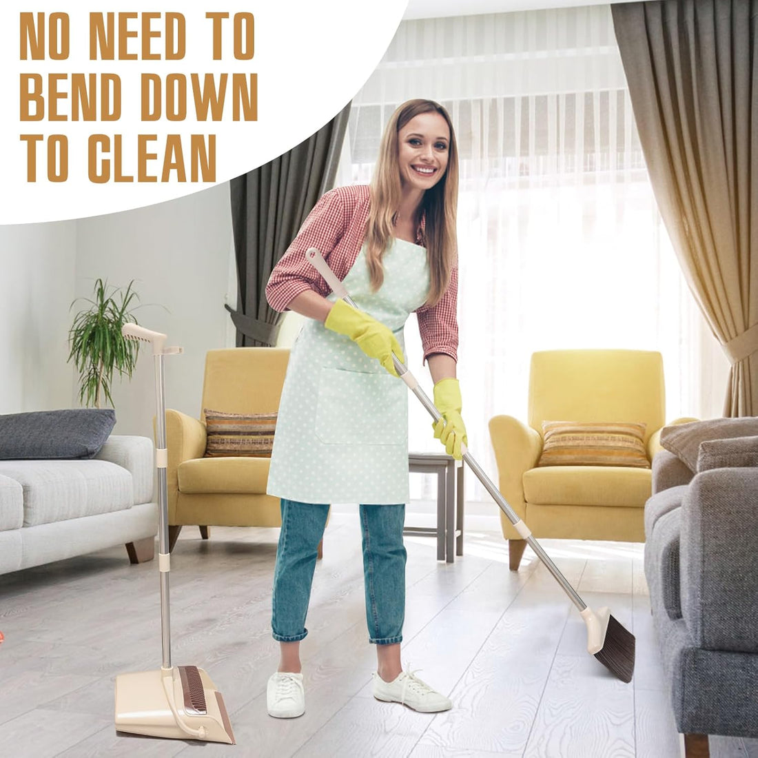 Broom and Dustpan Set with Long Handle – Lightweight Stainless Steel Poles