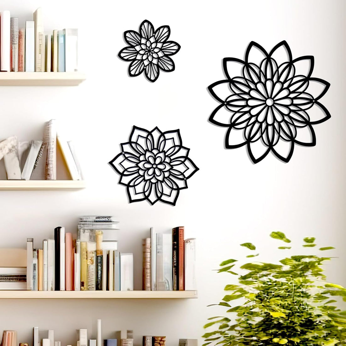 3 Pieces Metal Flowers Wall Decor, Black Wall Decor, Flower Art Wall