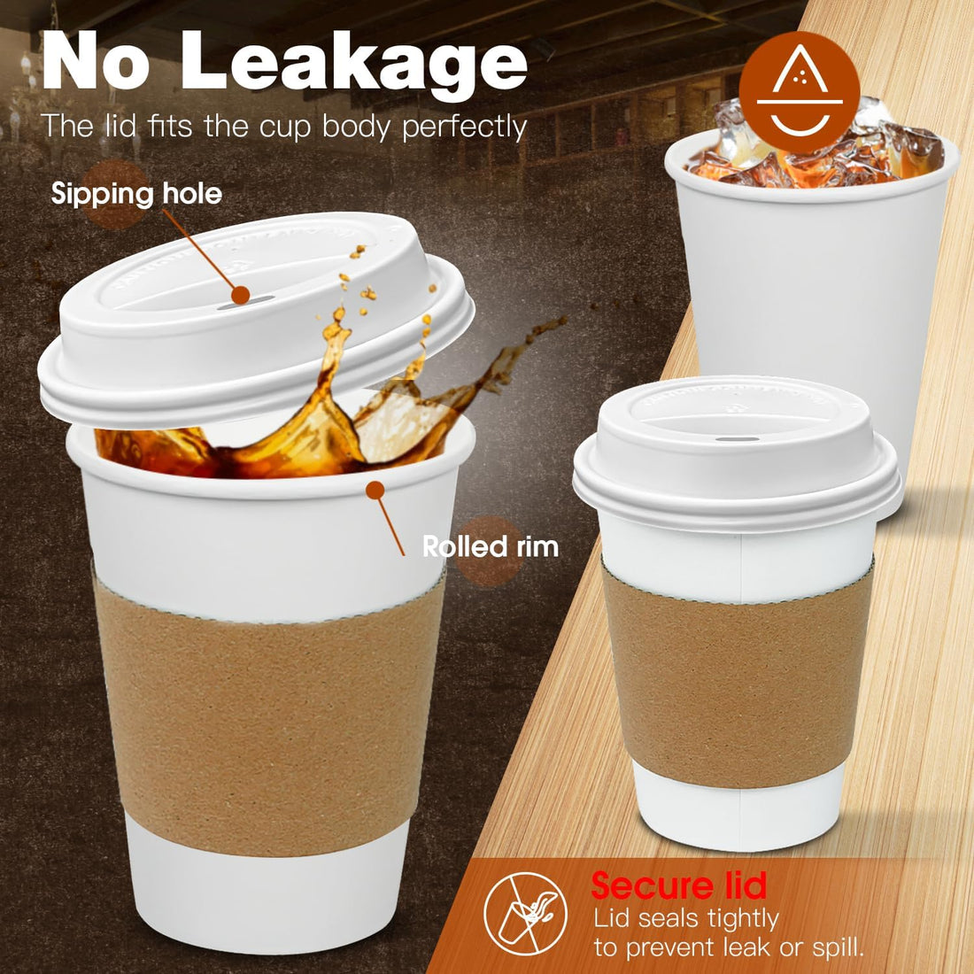 100 Pack 12 oz Leak-Proof Disposable Coffee Cups with Lids & Sleeves